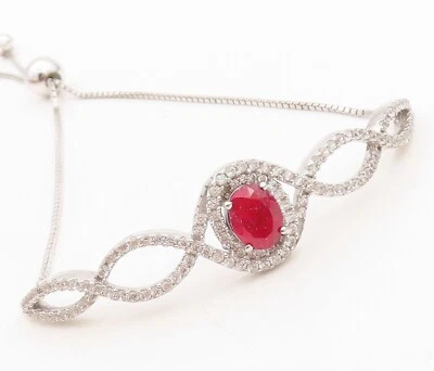 925 Sterling Silver Vintage Bracelet Real Ruby & Topaz Bolo Lock BT10749 - Image 1 of 4