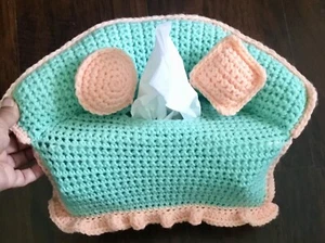 Crochet Grannycore Sofa Tissue Box Cover Pink Turquoise w/ Pillows - Picture 1 of 6