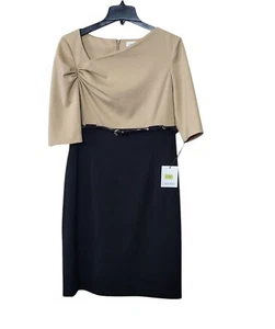 $118 Calvin Klein Dress Womens Size 14 Tan Black Belted New With Tags - Picture 1 of 7
