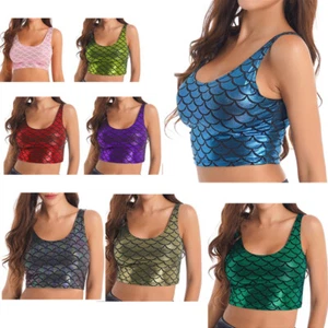 Womens Tank Top Sleeveless Crop T-Shirt Shiny Vest Night Out Shirts Scoop Neck - Picture 1 of 94
