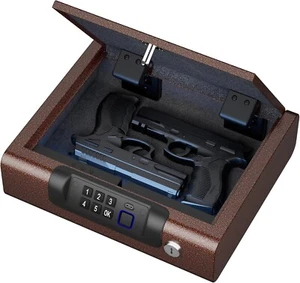 Brown Gun Safe for Pistols 3 Way unlock Fingerprint Digital PIN Key Unlock Sound - Picture 1 of 7