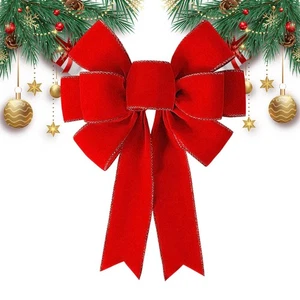 Christmas Bow Outdoor Decoration Large Red With Glitter Gold Edge Velvet Bows - Foto 1 di 12