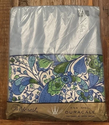 Vintage MCM Fieldcrest Duracale Blue Twin Flat Sheet Percale Persian Fantasy - Image 1 of 4