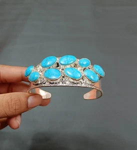 Beautiful Turquoise Gemstone Bangle Sterling Silver Adjustable Gift Bangle - Picture 1 of 5