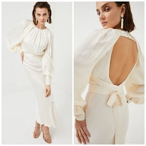 Karen Millen 4 Ivory Satin Backless Gown Puff Sleeve Pleated Belted Dress $679 - Picture 1 of 13