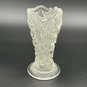 Vtg LE Smith Vase Clear Glass Whirling Star Pattern Sawtooth Edge Rim 6.25” - Picture 1 of 12