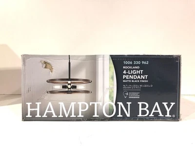 Hampton Bay Rockland 4-Light Matte Black Round Drum Pendant Hanging Light(OPEN) - Image 1 of 3