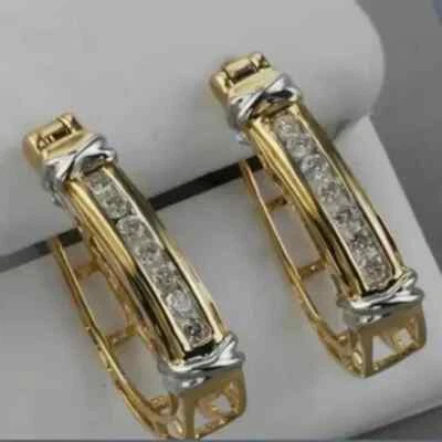 Round Cut Simulated Diamond 1.50Ct Huggie Hoop Earrings 14K Two Tone Gold Plated - Image 1 of 4