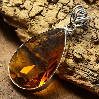 San Citrino Topazio Gemma 925 Argento Sterling Fatto a Mano Ciondolo - Immagine 1 di 3