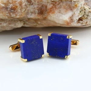 14K Yellow Gold Lapis Lazuli Square Flat Cufflinks Circa 1970 - Picture 1 of 10