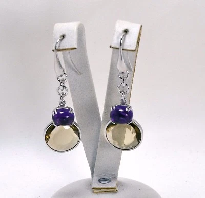 ORECCHINI IN ARGENTO 925 PENDENTI CON QUARZO FUME' E AMETISTA AGHT 0521 - Immagine 1 di 3