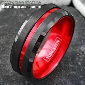 Tungsten Carbide Thin Red Line Band Ring-Firefighters First Responders UGA Dawgs - Picture 1 of 16