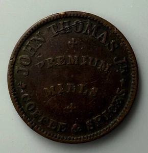 1863 Civil War Token John Tomas Jr Coffee & Spices Premium Mills - Picture 1 of 2