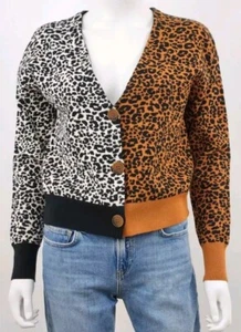 525 America Sz S V-Neck Button Up Knit Cardigan Sweater Mixed Leopard Colorblock - Picture 1 of 5