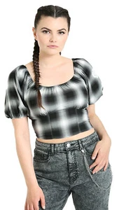 Hell Bunny «AVRIL CROP» Tartan Puff Sleeve Retro TOP Bluse Rockabilly - Bild 1 von 6