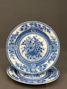 Pair 19th C. Minton Pearlware BASKET FLOWERS Blue & White 9 5/8" Dinner Plates - Picture 1 of 11