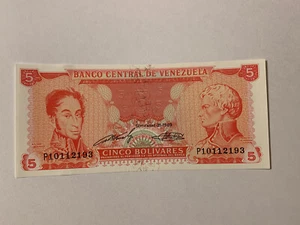 AU 1989 Venezuela 5 Bolivares Banknotes Series P  - Picture 1 of 2