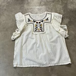 Max Studio Shirt Womens XL Beige Embroidered Ruffle Sleeve Boho Chic - Picture 1 of 7