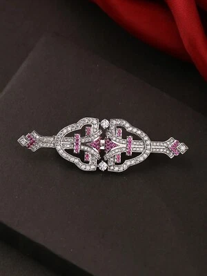 Fine 7.89 TCW Round Cut Pink Ruby & White Sapphire Pretty Wedding Brooch Pin - Image 1 of 4