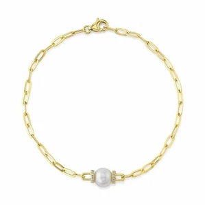 14K Yellow Gold Diamond Pearl Bracelet Paper Clip Link Chain 0.07 CT - Picture 1 of 2