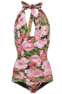 NUEVO CON ETIQUETAS DOLCE & GABBANA Traje de Baño Negro Rosa Estampado Floral Cuello Halter XS IT1 ITALIA Foto 1 de 4
