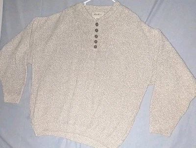 Suéter De Colección Eddie Bauer Henley XL EE. UU. Hecho en Grueso Algodón Tejido Años 90 Beige Tostado Foto 1 de 4