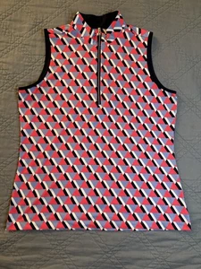 Tail Activewear Top Coral Lilac Geometric Print 1/4 Zip Sleeveless Shirt Sz L - Picture 1 of 13