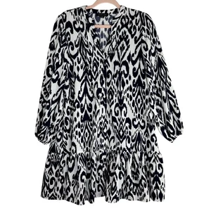Rachel Zoe Dress Womens Small Navy Ikat Long Sleeve V Neck Ruffle Hem Tiered - Picture 1 of 12