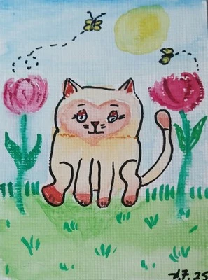 #1 Acuarela Gato ACEO ATC TARJETA ORIGINAL PINTADA A MANO Firmada ÚNICA EN SU CLASE Foto 1 de 2