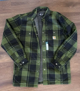 Camisa Chaqueta Carhartt Hombres Mediana Verde Franela a Cuadros Sherpa Forrada Chaqueta Nueva - Imagen 1 de 14