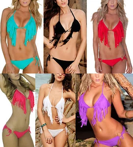 Super Sexy Cute 2PCS Tassels Swimwear Set Swimsuit Bikini Push-up Halter Padded - Picture 1 of 9