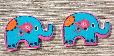 2 Blue Elephant Flower Sewing Buttons Crafting Wood 2 Hole 1 1/8"  - Image 1 of 2