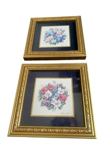 Miniature Wall Art Gold Ornate Frames Heartfelt Collection Print Blue Flowers 2 - Picture 1 of 6