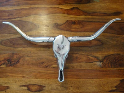 Wandfigur Stier Kopf Schädel Hörner Büffel Bison Rind Skulptur Silber Alu Geweih - Bild 1 von 4