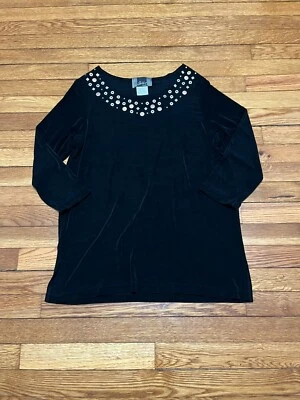 Slinky Brand Black Travel Knit Shirt Studded Neckline Blouse Womens Medium - Image 1 of 3