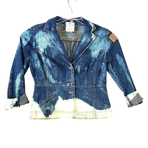 Distressed Denim Jacket Women’s Size Medium Patched Flag Destroyed - Picture 1 of 10