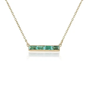 0.60tcw Medium Green Baguette Cut Natural Emerald East to West Bar Necklace 14K