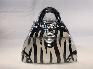 **NUOVO** Striscia Zebrata con Accenti Argento Ceramica Barattolo Biscotti a Forma di Borsa Avvolto - Foto 1 di 6