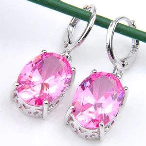 Woman Holiday Gift Handmade Sweet Pink Topaz Gems Vintage Silver Earrings 1 3/4" - Picture 1 of 6