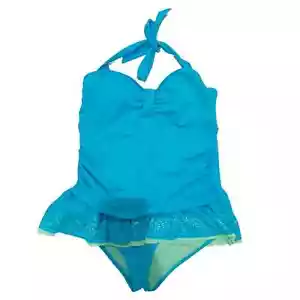 1X Vintage Joe Boxer Swimsuit One Piece Blue Ruffled Plus Size Lined Halter NWT - Picture 1 of 9