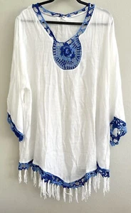 Kindred Woven Peasant Top Blouse Shirt Boho Crochet Ivory Blue Plus Size 2X NEW - Picture 1 of 4