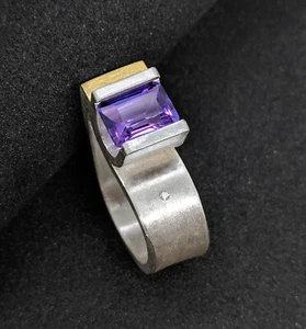Ring mit Amethyst, weißer Diamant, Feinsilber 999, Handmade, Flamere Design - Bild 1 von 8