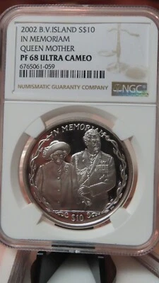 NGC PF68 UC-B. V. Is. 2002 In Memoriam Queen Mother Silver $10 Super GEM Proof - Image 1 of 3