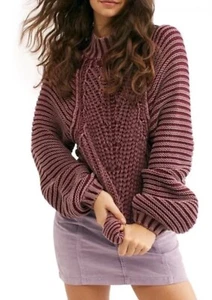Free People Sweetheart Sweater Size L Mock Neck Chunky Knit Long Sleeve Cotton - Picture 1 of 9