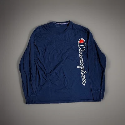 Camiseta Champion masculina azul XLarge algodão manga longa logotipo - Imagem 1 de 3
