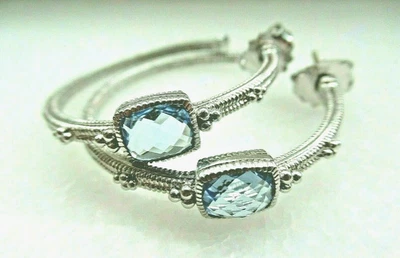 Judith Ripka New Blue Quartz Sterling Silver & 18K Gold Hoop Earrings w Gift Box - Image 1 of 4