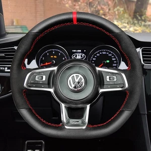 Suede&Black Hole Leather Steering Wheel Hand Sewing Wrap Cover For VW Golf R MK7 - Picture 1 of 9