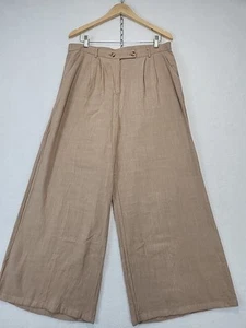 Linen Blend Barrel Leg Pants Womens Size XL Khaki Tan Elastic Waist Summer Beach - Picture 1 of 13
