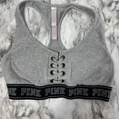 PINK Sports Bra Womens Small Gray Lace Up Front Racerback Stretch Cotton - Image 1 of 4