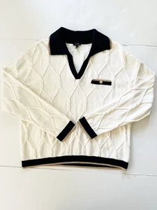 Talbots Lattice Cable Johny Collar Sweater Women XL White Gold Preppy Tipped  - Bild 1 von 8